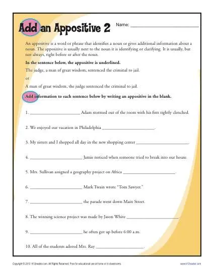 Add an Appositive II  Printable Appositive Worksheets