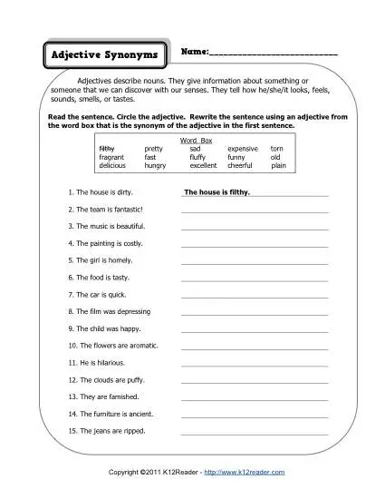 Adjective Synonyms | 2nd Grade Adjective Worksheets