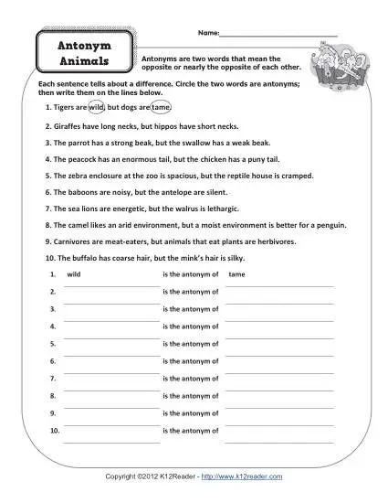 Antonym Animals | 4th and 5th Grade Worksheets