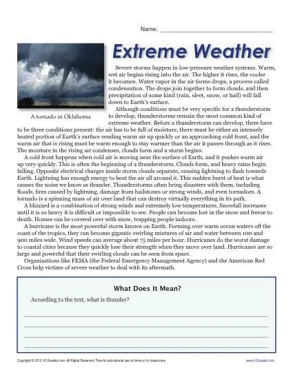 Sixth Grade Reading Comprehension Worksheet | Extreme Weather