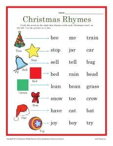 worksheets christmas rhymes worksheet activities kindergarten holiday grade k1 1st words reading printable preschool rhyming classroom preschoolers games vowel sounds