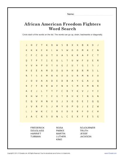 Freedom Fighter s Word Search Black History Month Worksheets