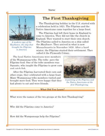 Thanksgiving Worksheets | The First Thanksgiving - Reading Passage and