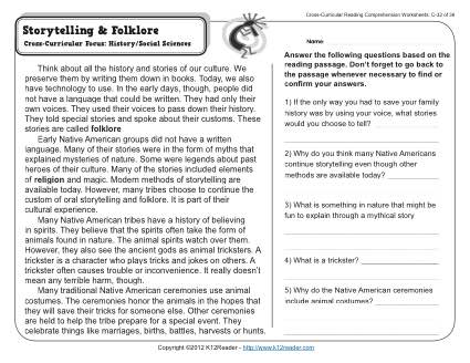 Storytelling and Folklore | 3rd Grade Reading Comprehension Worksheet