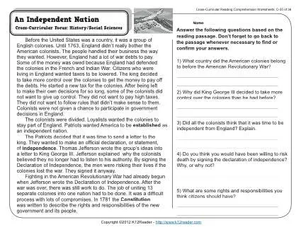 An Independent Nation | 3rd Grade Reading Comprehension Worksheet