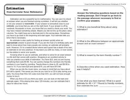 Estimation | 4rd Grade Reading Comprehension Worksheet