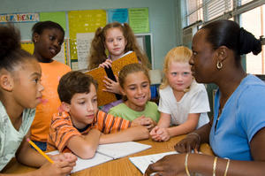 Elementary students listening to the teacher