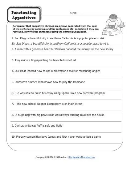 Punctuating Appositives  Printable Appositive Worksheets