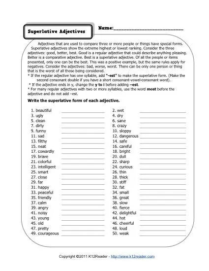 Superlative Adjectives Worksheets | 3rd Grade