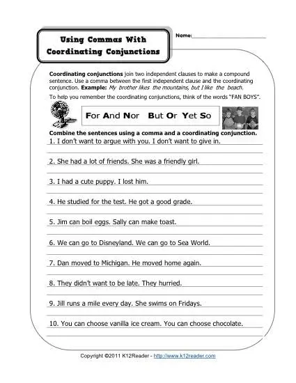 Commas and Coordinating Conjunctions  Free, Printable Punctuation Worksheets