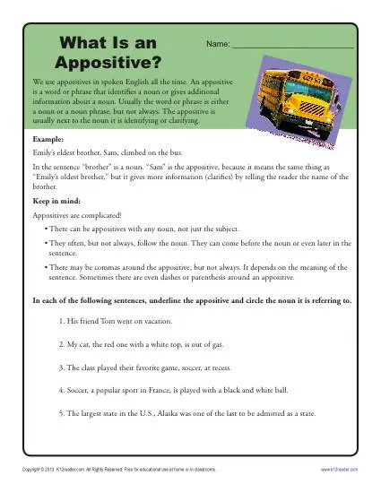 What is an Appositive?  Printable Appositive Worksheets