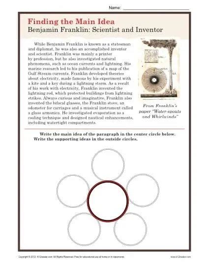 Middle School Main Idea Worksheet About Ben Franklin