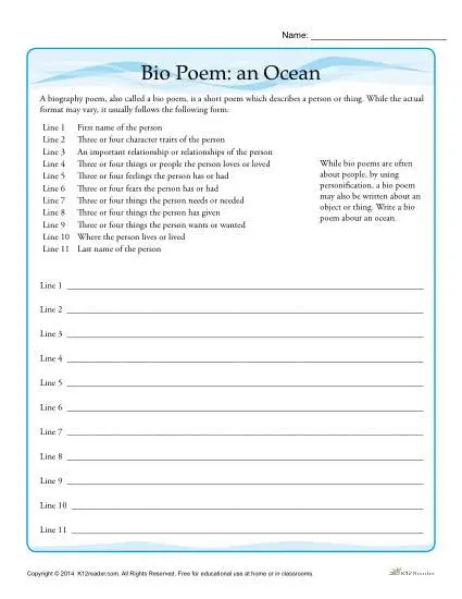 Bio Poem Activity: An Ocean | Personification Worksheet