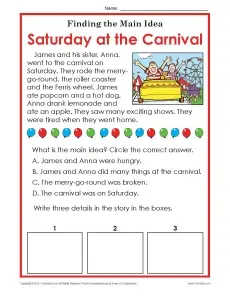 1st or 2nd Grade Main Idea Worksheet About Carnivals