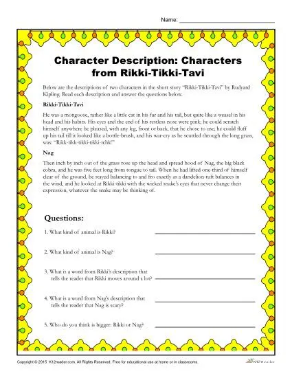 Rikki-Tikki-Tavi | Character Descriptions Worksheet