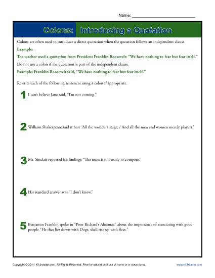 Colons: Introducing a Quotation | Punctuation Worksheets