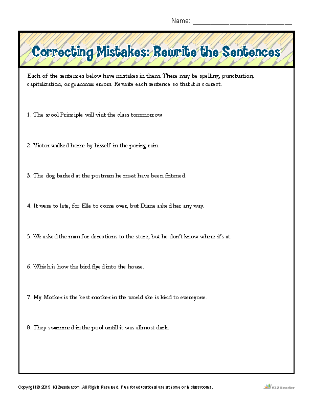 Correcting Mistakes: Rewrite the Sentences  Proofing and Editing Worksheets