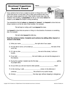 Preposition Worksheet - Directional Prepositions