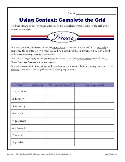 Clues 5th Grade  for the context words sight  Complete in worksheets Grid  Worksheets Context