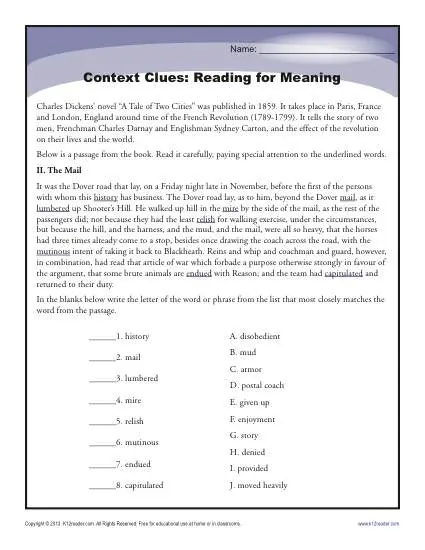 Context Clues: Reading for Meaning  High School Worksheets