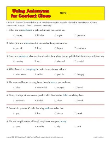 Using Antonyms for Context Clues | Middle School Worksheets