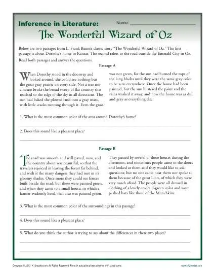 Inference in Literature: The Wizard of Oz | Middle School Worksheets