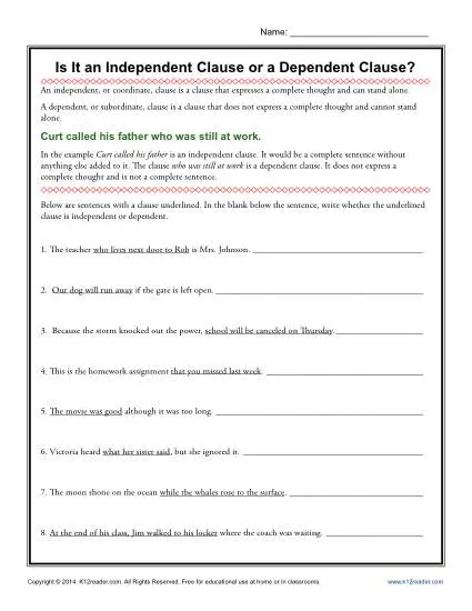 Is It an Independent Clause or a Dependent Clause?  Grammar Worksheets