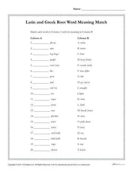 Greek and Latin Root Words Worksheets | Meaning Match