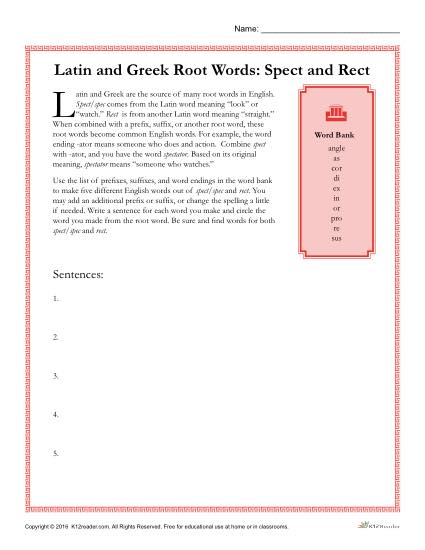 Greek And Latin Root Words Worksheets Spect And Rect