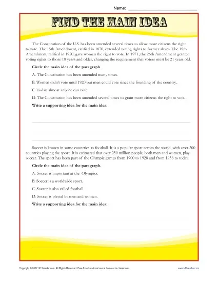 Middle School Main Idea Reading Passage Worksheet