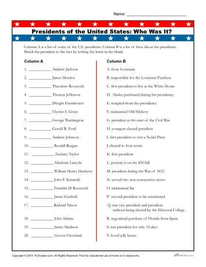 Presidents Fact Worksheet Free Printable