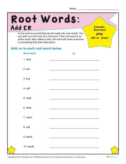 Root Words Worksheets | Add ER