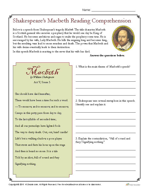 Shakespeare’s Macbeth Reading Comprehension Worksheet