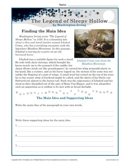 Middle School Main Idea Worksheet About The Legend of Sleepy Hollow