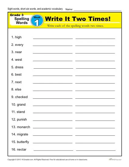 Third Grade Spelling Words List - Week 1 | K12reader