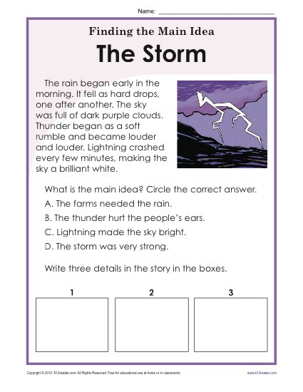 1st or 2nd Grade Main Idea Worksheet about Storms