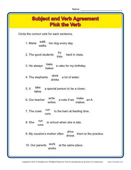 Pick the Verb | Subject Verb Agreement Worksheets