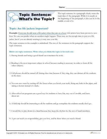 Topic Sentence: What’s the Topic? | Writing Worksheet