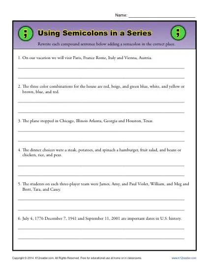 Using Semicolons in a Series | Semicolon Worksheet