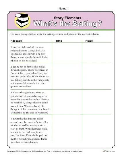 Free Printable Worksheets Story Setting