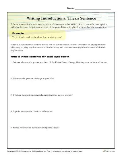 How to Write a Thesis Statement Worksheet Activity