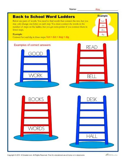 Back to School Word Ladder Activity - Printable Worksheet