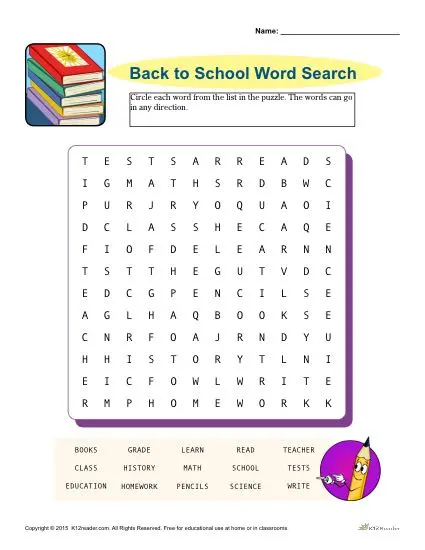 Printable Back to School Word Search for Grades 3-5