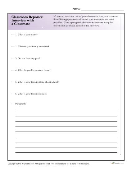 Printable Back to School Classroom Activity - Interview a Classmate