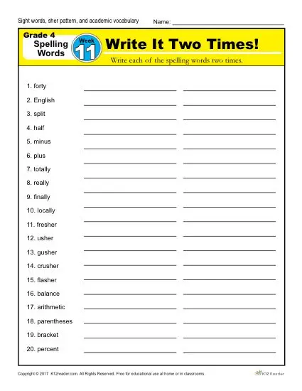4th Grade Spelling Words - K12reader Weekly Lesson Week 11