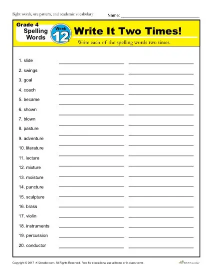 4th Grade Spelling Words - K12reader Weekly Lesson Week 12