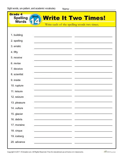 4th Grade Spelling Words - K12reader Weekly Lesson Week 14