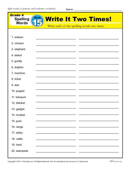 4th Grade Spelling Words - K12reader Weekly Lesson Week 15