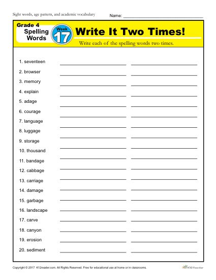 4th Grade Spelling Words - K12reader Weekly Lesson Week 17