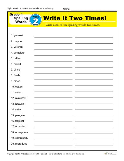 4th Grade Spelling Words - K12reader Weekly Lesson Week 2